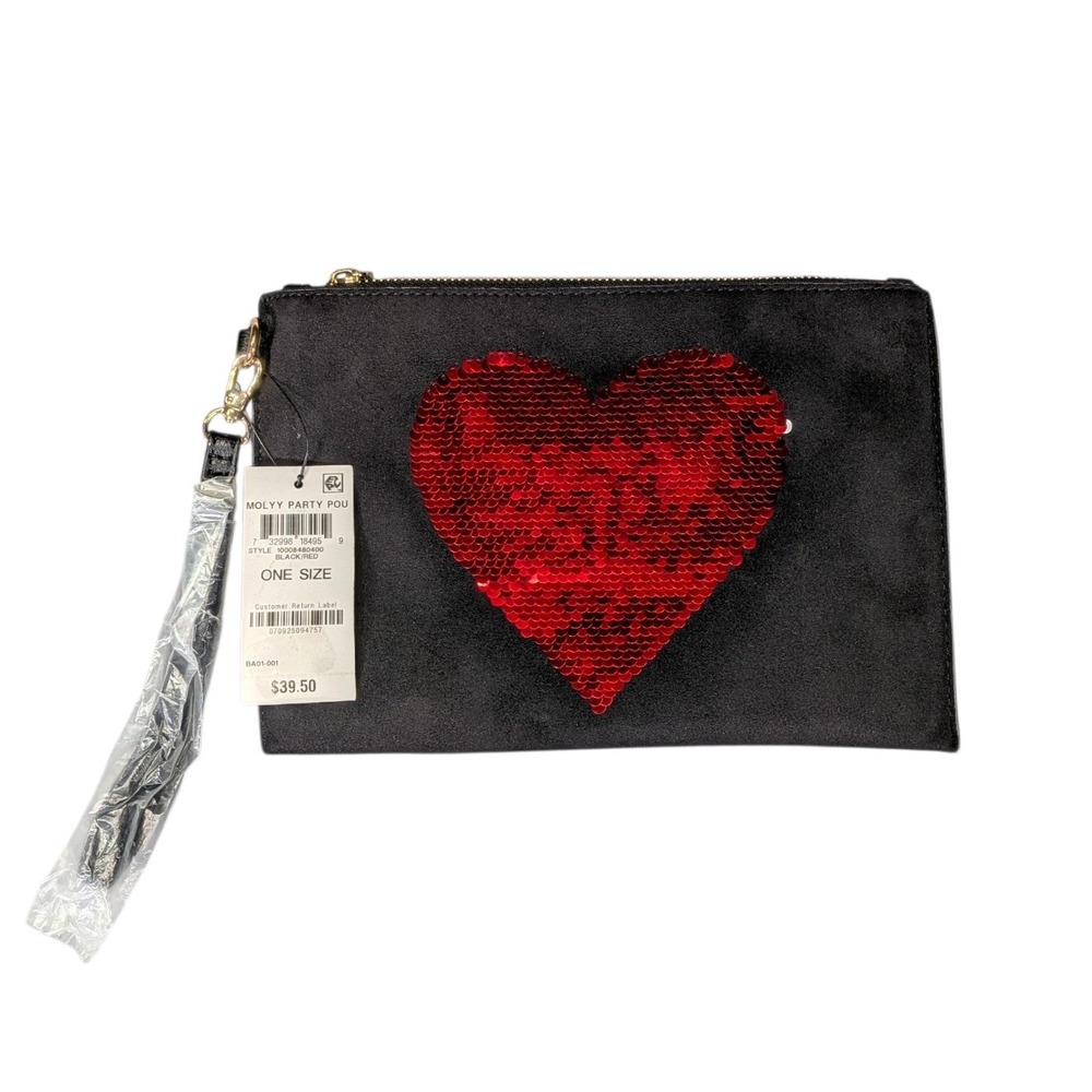INC International Concepts Molyy Party Pouch Black Red Sequin Heart Wristlet NWT